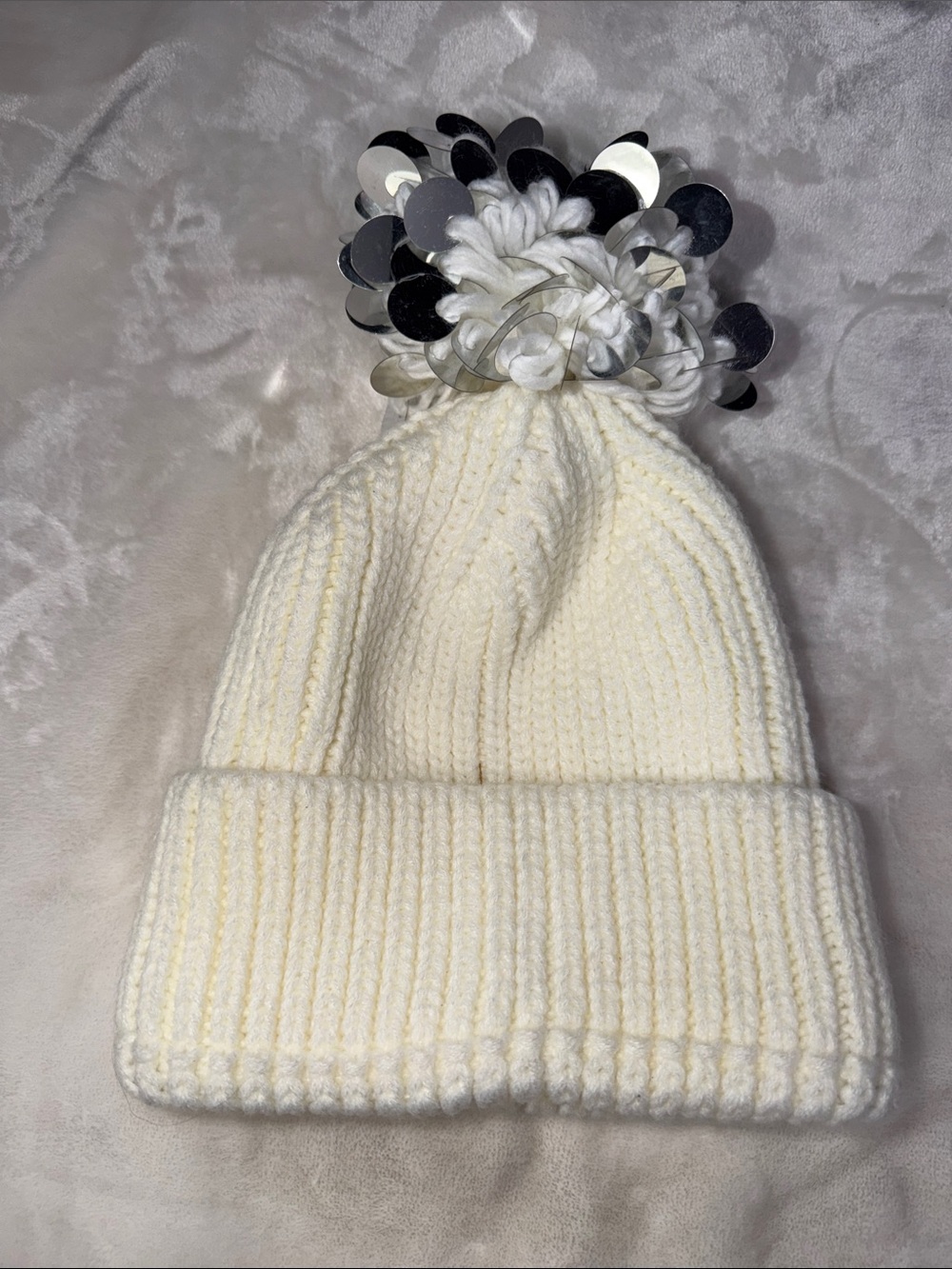 Genie by Eugenia Kim Ivory Knit detachable Beanie Sequin Pom Pom Winter Hat NWT